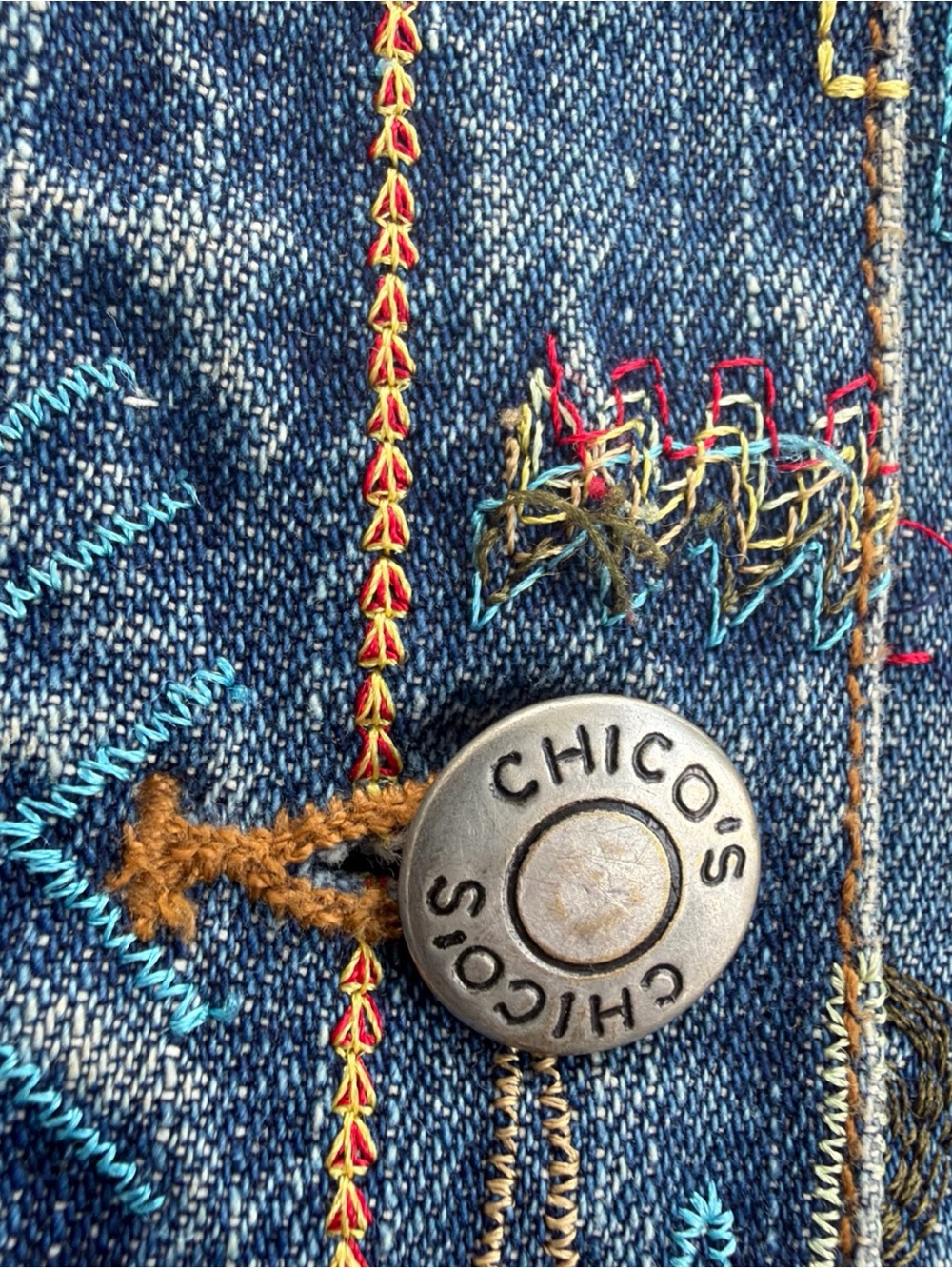Chico's Multicolor Embroidered Tribal Blue Denim Jacket Size 3/ XL? - Picture 3 of 16